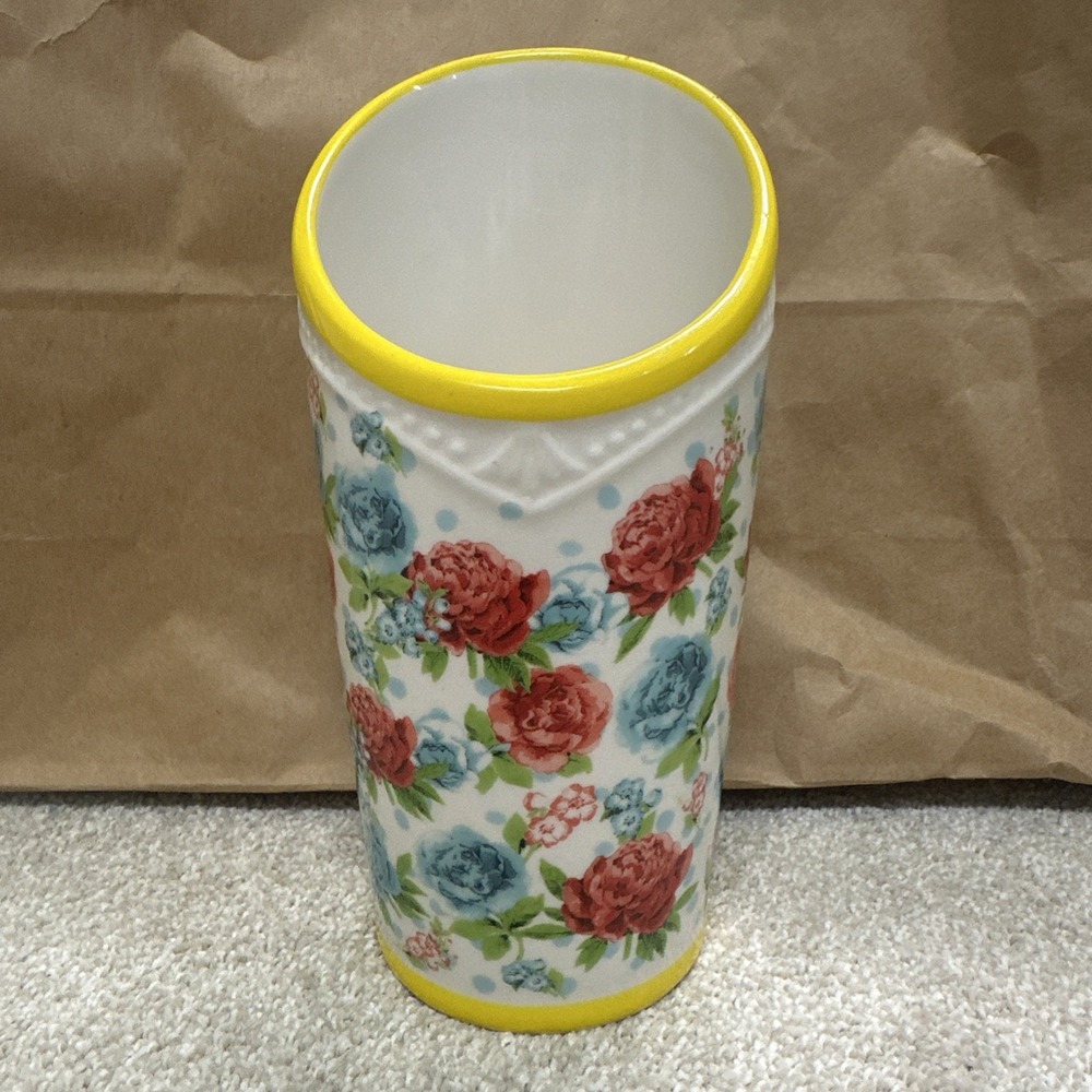 The Pioneer Woman Floral Utensil Holder Vase Stoneware Yellow, Red/Blue 8 Inch.